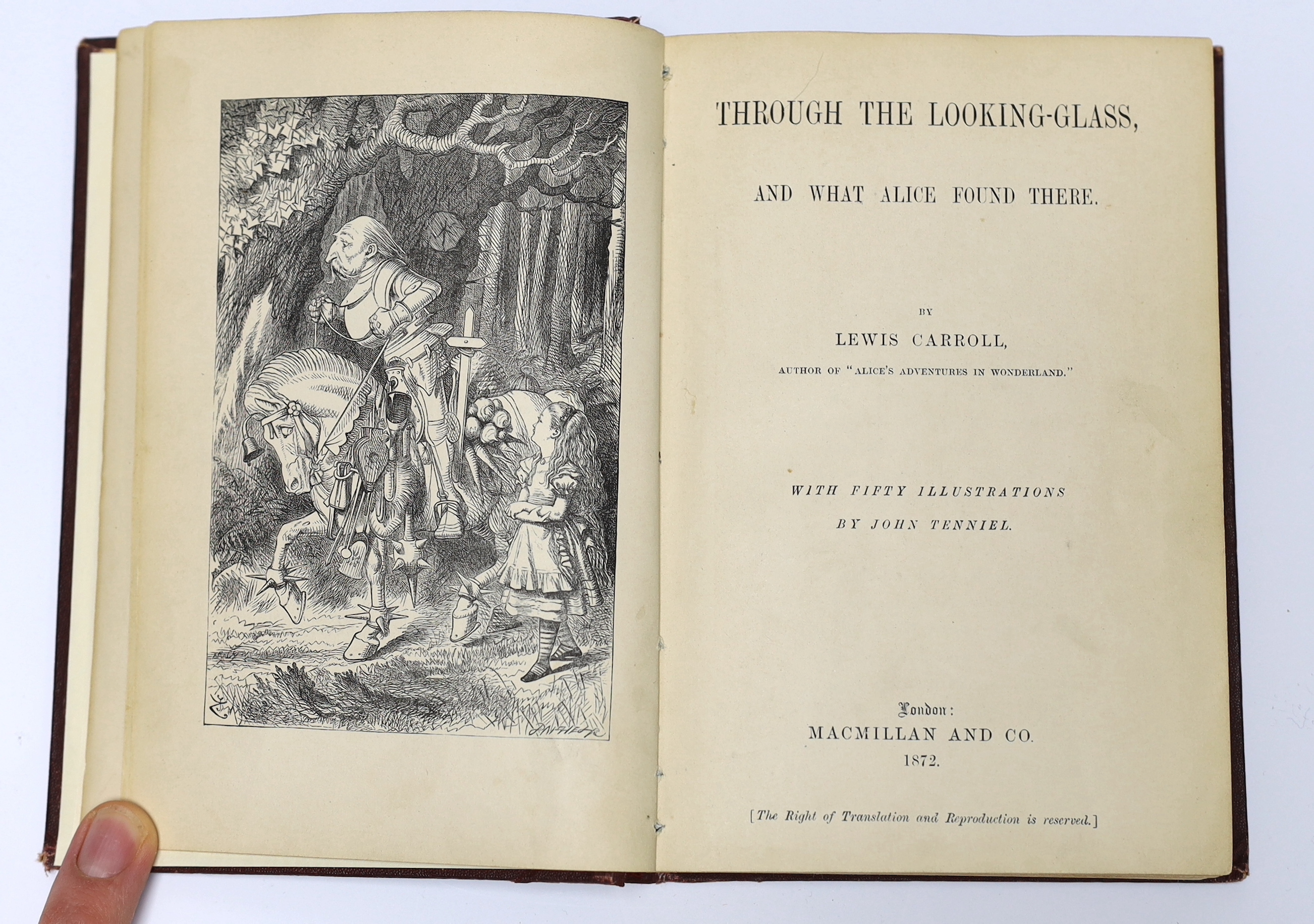 Dodgson, Charles Lutwidge [Carroll, Lewis] - Through the Looking Glass and What Alice Found There, 1st edition, 1st issue, 8vo, rebound red cloth, wood engraved frontispiece and 49 others by John Tenniel, 1p. of advertis